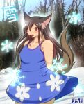  anthro black_nose blue_clothing blue_dress blush breasts brown_hair canid canine canis chest_tuft clothing cute_fangs dress forest fur hair inner_ear_fluff japanese_text mammal open_mouth outside photo_background red_eyes snow tan_body tan_fur text translated tree tuft wolf wolf_children ymbk yuki_(wolf_children) 