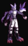  3_toes 5_fingers anthro belt black_background bottomwear canid canine claws clothing digimon digimon_(species) feral fingers fur gloves handwear male mammal pants purple_body purple_fur red_eyes simple_background smile strabimon toe_claws toes tsukaimon tuft unknown_artist wings yellow_eyes 