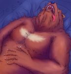  2009 anthro bed brown_body brown_fur eyes_closed fur furniture humanoid_hands lv_l lying mammal overweight pillow solo tongue tongue_out ursid 