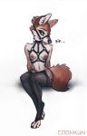  4_toes anthro areola black_nose breasts bridle brown_eyes canid canine canis claws clothing coonkun coyote digitigrade eyeshadow female harness hi_res hindpaw legwear makeup mammal midriff navel neck_tuft nipples paws solo thigh_highs toe_claws toeless_stockings toes tuft 