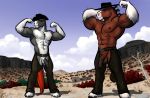  2017 abs anatomically_correct anatomically_correct_genitalia anatomically_correct_penis animal_genitalia animal_penis anthro balls bgn biceps blue_sky brown_balls brown_body brown_fur brown_mane brown_penis brown_tail chaps clothed clothing cloud clydesdale cowboy_hat day dead_tree desert detailed_background digital_media_(artwork) dog_tags draft_horse duo equid equine equine_penis feathering flaccid flexing fur genitals grey_body grey_fur grey_penis hat headgear headwear hooves horse jodira male mammal mane medial_ring multicolored_body multicolored_fur muscular muscular_male navel nipples outside pecs penis plant rannik red_tail shrub sky smile smirk standing tree two_tone_body two_tone_fur white_balls white_body white_fur 