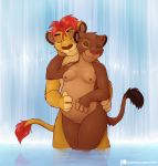  4_fingers anthro anthrofied breasts brown_body brown_fur canon_couple cuddling disney duo eye_scar eyes_closed felid female fingers fur genitals hair hi_res iztli kion lion love male male/female mammal nipples nude pantherine pregnant pussy rani red_hair romantic_ambiance romantic_couple scar small_breasts smile standing teenager the_lion_guard the_lion_king water waterfall yellow_body yellow_fur young 