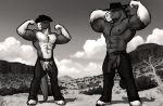  2017 abs anatomically_correct anatomically_correct_genitalia anatomically_correct_penis animal_genitalia animal_penis anthro balls bgn biceps black_and_white chaps clothed clothing cloud clydesdale cowboy_hat dead_tree desert detailed_background digital_media_(artwork) dog_tags draft_horse duo equid equine equine_penis feathering flaccid flexing fur genitals hat headgear headwear hooves horse jodira male mammal mane medial_ring monochrome muscular muscular_male navel nipples outside pecs penis plant rannik shrub sky smile smirk standing tree 