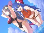  2girls :d absurdres alternate_costume armpits arms_behind_back arms_up bikini black_swimsuit blade_ride blue_eyes blue_hair breasts caeda_(fire_emblem) cleavage clothing_cutout cowboy_shot dutch_angle elf fairy fire_emblem fire_emblem:_mystery_of_the_emblem fire_emblem:_shadow_dragon_and_the_blade_of_light fire_emblem_heroes flower hair_flower hair_ornament highres long_hair looking_at_viewer midriff multiple_girls navel official_alternate_costume one-piece_swimsuit open_mouth outstretched_arm outstretched_hand partially_submerged plumeria_(fire_emblem) pointy_ears purple_eyes reaching_out red_bikini red_swimsuit silver_hair smile standing swimsuit thorns white_flower 