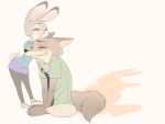  2016 anthro bottomwear canid canine clothed clothing disney duo eyes_closed female fox fully_clothed happy hi_res hug judy_hopps lagomorph leporid male mammal necktie nick_wilde open_mouth open_smile pants puki rabbit shirt simple_background sitting smile standing topwear white_background zootopia 