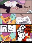  ! &lt;3 2014 ? after_sex angry anthro anus blush bodily_fluids boltswift butt comic equid female friendship_is_magic genital_fluids genitals hasbro hi_res kneeling mammal my_little_pony no_underwear pussy pussy_juice scootaloo_(mlp) sweetie_belle_(mlp) 