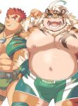  animal_humanoid anthro ayame42612 belly belt body_hair bottomwear bulge camo camo_print chest_hair clothed clothing dog_tags duo felid fur green_bottomwear green_clothing green_eyes green_underwear grin hair hombretigre humanoid looking_at_viewer male mammal navel nipples open_mouth open_shirt orange_body orange_fur overweight overweight_male pantherine pecs pink_nipples red_eyes red_hair shirt shorts simple_background smile teeth tiger tokyo_afterschool_summoners topwear underwear video_games white_background white_body white_fur 