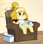  alcohol animal_crossing anthro bell beverage blush bodily_fluids canid canine canis chair diaper domestic_dog edit female food furniture genital_fluids glass hi_res hodgepodgedl isabelle_(animal_crossing) mammal nintendo popcorn sitting solo urine video_games wet_diaper wetting wine yellowhellion 