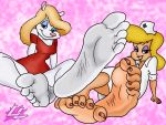  animaniacs anthro barefoot blonde_hair clothed clothing duo feet female foot_focus fur hair hello_nurse hi_res human lazzylad looking_at_viewer mammal minerva_mink mink mustelid musteline nurse smile soles toes warner_brothers white_body white_fur 