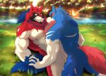  2020 abs anthro anthrofied balls blue_body blue_fur blush brother brothers butt canid canine detailed_background duo fur gallantzale genitals hand_holding hi_res incest legendary_pok&eacute;mon male male/male mammal muscular muscular_male nintendo nude pecs penis penis_base pok&eacute;mon pok&eacute;mon_(species) red_body red_fur sibling smile video_games zacian zamazenta 