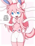  anthro biped blue_eyes blush bottomless bow clothed clothing cute_fangs dialogue eeveelution english_text female genitals gloves hair half-closed_eyes hands_behind_back handwear hi_res km-15 leggings legwear looking_at_viewer mammal narrowed_eyes navel nintendo pink_hair pok&eacute;mon pok&eacute;mon_(species) pussy ribbons shirt simple_background solo speech_bubble standing sylveon talking_to_viewer text topwear video_games white_background white_body 