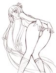  ass bangs bent_over blush bow covering covering_ass fang fujiwara_no_mokou hair_bow hands hime_cut kneehighs long_hair looking_back monochrome one-piece_swimsuit school_swimsuit sin-go sketch socks solo swimsuit tears touhou very_long_hair 