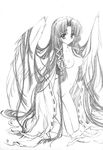  air breasts carnelian greyscale japanese_clothes kannabi_no_mikoto long_hair medium_breasts monochrome nipples sketch solo undressing wings 