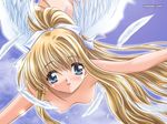  air angel angel_wings blonde_hair breasts collarbone feathers flying from_below green_eyes kamio_misuzu long_hair looking_at_viewer nipples nude outstretched_arms ponytail small_breasts solo very_long_hair watsuki_ayamo wings 