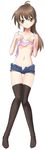  :&lt; camisole denim denim_shorts fumotono_mikoto genderswap genderswap_(mtf) highres kyonko ponytail shirt_lift shorts solo suzumiya_haruhi_no_yuuutsu thighhighs 