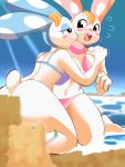  absurd_res animal_crossing anthro beach blonde_hair breast_grab breasts censored chrissy_(animal_crossing) clothing duo embarrassed female female/female francine_(animal_crossing) hair hand_on_breast hi_res incest kneeling lagomorph leporid mammal navel nintendo outside rabbit seaside sibling sister sisters swimwear video_games wolfsam 