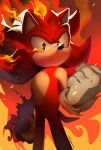  2019 alternate_form anthro biped clothing eulipotyphlan fire fire_sonic fist frown fur gloves handwear hedgehog hi_res looking_at_viewer male mammal red_body red_fur shira-hedgie signature snout solo sonic_the_hedgehog sonic_the_hedgehog_(series) standing super_mario_bros._z yellow_eyes 