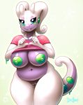  2020 5_fingers anthro belly big_breasts blue_eyes bottomless breasts clothed clothing digital_media_(artwork) don_ko female fingers genitals gesture goodra hand_heart hi_res looking_at_viewer navel nintendo pok&eacute;mon pok&eacute;mon_(species) pussy shirt slightly_chubby solo topwear video_games 