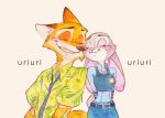  2020 anthro blush canid canine cheek_tuft clothed clothing disney duo ears_down eyes_closed facial_tuft fox fully_clothed fur grey_body grey_fur grin judy_hopps lagomorph leporid mammal necktie nick_wilde orange_body orange_fur pivoted_ears rabbit red_fox shirt simple_background smile strawberry628_(artist) tan_background topwear tuft zootopia 