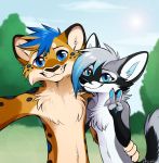  anthro black_body black_fur blue_eyes canid canine canis day detailed_background felid fur gradient_hair grey_body grey_fur hair hi_res leopard mammal outside pantherine sepiapaws sky smile wolf 