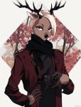  anthro antlers brown_body brown_fur camera cervid clothed clothing fur hair hi_res horn leaf male mammal scarf short_hair solo white_hair zuekrz 