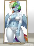  2020 5_fingers anthro breasts clothed clothing digital_media_(artwork) equid equine feathered_wings feathers female fingers friendship_is_magic hair hand_on_hip iloota mammal mirror multicolored_hair multicolored_tail my_little_pony navel one_eye_closed pink_eyes pterippus rainbow_dash_(mlp) rainbow_hair rainbow_tail solo wings wink 