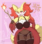  2020 absurd_res anthro belly big_belly blush bra breasts canid chubby_female clothed clothing curvy_figure delphox dialogue english_text fangs female fire fur hi_res holding_object inner_ear_fluff legwear looking_at_viewer mammal multicolored_body multicolored_fur nintendo open_mouth panties pok&eacute;mon pok&eacute;mon_(species) red_eyes slightly_chubby snackbunnii solo stick stockings talking_to_viewer text tuft underwear video_games voluptuous 