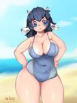  2018 animal_humanoid beach bella_(krakenparty) big_breasts black_hair blue_eyes bovid bovid_humanoid breasts cleavage clothed clothing cloud cloudscape detailed_background eyebrows eyelashes female hair horn humanoid krakenparty mammal mammal_humanoid navel not_furry sand sea seaside signature sky solo swimwear traditional_media_(artwork) water 