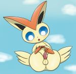  2015 anus balls blue_eyes blush bodily_fluids butt cum cum_on_penis feral genital_fluids genitals legendary_pok&eacute;mon male nintendo nude open_mouth pandashorts penis pok&eacute;mon pok&eacute;mon_(species) presenting presenting_hindquarters simple_background solo tan_body victini video_games x_anus 