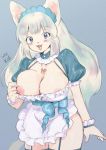  2019 5_fingers :d accessory anthro apron areola areola_slip big_breasts blonde_hair blush breasts cleavage clothed clothing domestic_cat felid feline felis female fingers flashing fluffy fur garter_straps grey_background hair hair_accessory hairband jewelry kemono kiichi legwear long_hair looking_at_viewer maid_uniform mammal monotone_body monotone_fur necklace nipple_slip nipples open_mouth open_smile partially_clothed pink_eyes ribbons simple_background smile solo standing tan_body tan_fur thigh_highs uniform whiskers wrist_cuff 