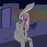  2020 avian bird blood bodily_fluids bunnie_(bunnielovesyou) bunnielovesyou cigarette corpse death detailed_background fur gore grey_body grey_fur hi_res knife lagomorph leporid mammal pink_sclera purple_eyes rabbit roof scarf silhouette sitting smoking solo_focus syringe tuft watermark 