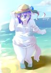  2020 absurd_res anthro bikini canid canine clothing cloud day female front_view fur hair hat headgear headwear hi_res mammal partially_submerged purple_hair sky solo swimwear translucent translucent_clothing translucent_topwear ukenya water white_body white_fur 