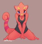 animal_crossing anthro black_clothing black_shirt black_topwear bottomless breasts chameleon clothed clothing conditional_dnp covering covering_crotch covering_self crossgender digital_media_(artwork) eyelashes female flick_(animal_crossing) hi_res hindpaw horn kneeling lizard looking_at_viewer nintendo paws pink_body pink_scales purple_eyes reptile scales scalie sefeiren shirt solo spots spread_legs spreading stripes tank_top topwear video_games 