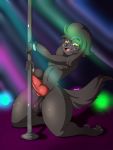  2018 3_toes 5_fingers animal_genitalia animal_penis anthro balls black_nose canid canine canine_penis dancing digital_media_(artwork) erection fingers genitals hi_res kneeling knot looking_at_viewer male mammal mole_(marking) navel open_mouth penis pole pole_dancing pole_masturbation shadow signature suirano toes 