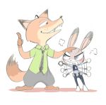  2018 angry anthro barefoot blush bottomwear canid canine clothed clothing dipstick_ears disney duo fangs fox fully_clothed fur judy_hopps lagomorph leporid looking_at_another mammal multicolored_ears necktie nick_wilde pants police_uniform rabbit red_fox shirt simple_background smug standing syuwagep teeth topwear uniform white_background zootopia 