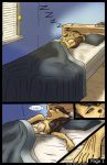  absurd_res anthro bed blue_eyes book brown_hair canid canine canis comic domestic_dog eyewear female furniture glasses hair hi_res mammal note silverfishnsfw_(artist) sleeping solo text tongue tongue_out window 