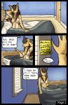  absurd_res anthro bed blue_eyes book breasts brown_hair canid canine canis comic domestic_dog door female furniture hair hi_res mammal note pillow silverfishnsfw_(artist) solo window 