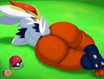  2020 ambiguous_gender anthro bedroom_eyes big_butt biped blush butt butt_focus cinderace digital_media_(artwork) edit eyelashes fur grass hi_res lagomorph looking_back lying mammal narrowed_eyes nintendo nude on_side orange_eyes pok&eacute;ball pok&eacute;mon pok&eacute;mon_(species) rear_view seductive solo sssonic2 standard_pok&eacute;ball thick_thighs video_games white_body white_fur white_pupils wide_hips 