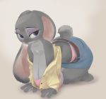  3_fingers absurd_res all_fours anthro big_breasts bluedrg19 breasts cleavage clothed clothing curvy_figure disney female fingers fur grey_body grey_fur hanging_breasts hi_res huge_breasts judy_hopps lagomorph leporid looking_at_viewer mammal purple_eyes rabbit simple_background solo thick_thighs voluptuous zootopia 