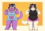  2020 4_toes 5_fingers anthro belly big_breasts black_hair blue_highlights blush bodypaint bored bottomwear breasts catti_(deltarune) catty_(undertale) cleavage clothed clothing deltarune domestic_cat duo ear_piercing ear_ring eyeshadow face_paint fangs felid feline felis female fingers freckles front_view frown fur hair half-closed_eyes highlights_(coloring) looking_at_viewer makeup mammal narrowed_eyes open_mouth overalls overweight overweight_female piercing pink_highlights pose purple_body purple_fur purple_tail shirt shorts sibling simple_background sister sisters squish standing thick_thighs thigh_squish tight_bottomwear tight_clothing tight_shirt tight_shorts tight_topwear toes topwear undertale video_games whiskers white_body white_fur white_tail wide_hips yellow_sclera yellowhellion 