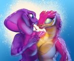  anthro big_breasts bikini breast_squish breasts cleavage clothed clothing cobra couple_(romantic) duo female female/female fivel forked_tongue happy reptile scalie smile snake squish swimwear tongue viper 