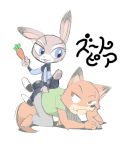  2018 anthro barefoot bodily_fluids bottomwear canid canine clothed clothing disney duo fox fully_clothed fur hi_res holding_object judy_hopps lagomorph leporid looking_at_another mammal nick_wilde pants rabbit red_fox shirt simple_background sweat sweatdrop syuwagep topwear white_background zootopia 