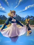  anthro beach black_hair blue_eyes canid canine clothing cloud dress eyes_closed female fenavi_montaro fennec feretta forest fox fur grey_body grey_fur hair hi_res mammal mountain partially_submerged red_fox scenery seaside silver_fox thick_thighs tree vix_(feretta) water yellow_body yellow_fur 