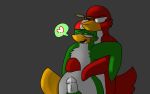  anthro avian bird blush bodily_fluids cum cum_drip dripping drooling duo fur genital_fluids genitals green_body green_fur looking_at_penis looking_to_the_side male male/male penguin penis pleasured red_body red_fur saliva unknown_artist 