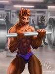  anthro barbell bicep_curl biceps canid canine canis gym hi_res huskyfog looking_at_viewer male mammal muscular muscular_male solo sport sportswear wolf 