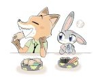  2018 anthro blue_eyes bowl brown_body brown_fur canid canine disney duo eating eyes_closed food fox fur grey_body grey_fur holding_cup holding_object judy_hopps lagomorph leporid looking_at_another mammal nick_wilde rabbit red_fox simple_background sushi syuwagep white_background zootopia 