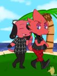 animal_crossing anthro canid canine canis chameleon choker clothed clothing collar djcoyoteguy domestic_dog duo female footwear fur hi_res horn island jewelry lizard male male/female mammal multicolored_body multicolored_fur necklace nintendo palm_tree piercing purple_eyes red_body red_fur red_skin reptile scalie sea shoes sky smile tree two_tone_body two_tone_fur video_games vinesauce water 