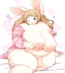  &lt;3 &lt;3_background anthro areola bed belly big_breasts blonde_hair blush breasts clothing curvy_figure female fur furniture green_eyes hair hi_res holding_breast huge_breasts hyper hyper_breasts kemono lagomorph leporid long_hair looking_at_viewer mammal monotone_body monotone_fur mostly_nude nipples on_bed one_eye_closed open_clothing open_mouth open_robe open_smile overweight overweight_female rabbit radiowave robe sitting smile solo thick_thighs voluptuous wide_hips wink 