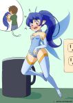  2019 blue_hair blush breasts brown_hair clothing cup ear_piercing fairy female flying footwear gender_transformation hair hand_on_breast high_heels human human_to_humanoid humanoid humanoid_pointy_ears legwear long_hair looking_down male mammal mask megazone23 mtf_transformation not_furry piercing shoes solo stockings surprise transformation wing_growth wings 