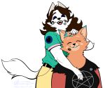  &lt;3 2020 ailurid alpha_channel anthro arm_tuft belt blue_body blue_fur blue_highlights bottomwear brown_hair canid canine canis clothing dipstick_ears domestic_dog duo elbow_tufts eyes_closed facial_markings fangs female finley_sinclaire fur hair hand_on_chest hand_on_head head_markings hi_res highlights_(coloring) kiss_mark lipstick magnetiorchid mairi_nigalya_ponya makeup mammal markings multicolored_ears nordic_sled_dog open_mouth orange_body orange_fur pants pentacle pentagram red_body red_fur red_panda samoyed sharp_teeth shirt signature simple_background smile spitz t-shirt teeth topwear trans_woman_(lore) transparent_background tuft white_body white_fur 
